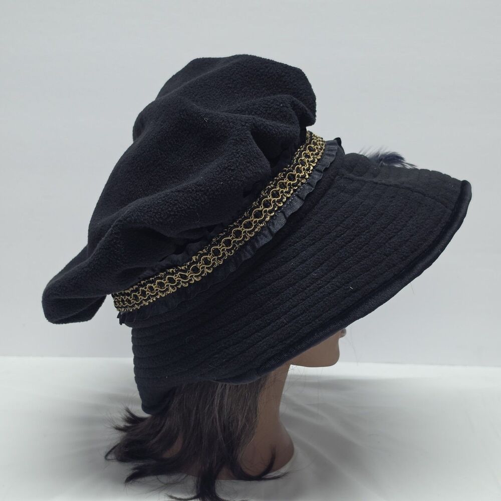 Handmade Tetiana123 Women Black Fleece Flowers Feathers Accent Cloche Hat Retro